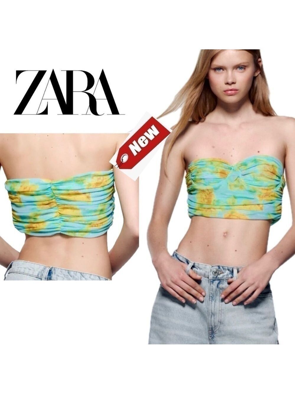 Zara blue yellow floral flower ruched strapless bandeau bustier crop top L NWT